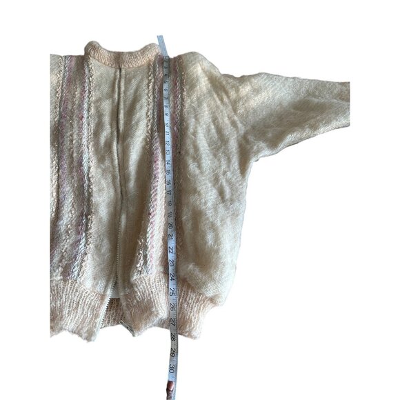 Vintage 80s Mohair Blend Zip-Up Cardigan Fuzzy Puffy Sleeves Ribbed Cuffs Retro - Picture 7 of 7